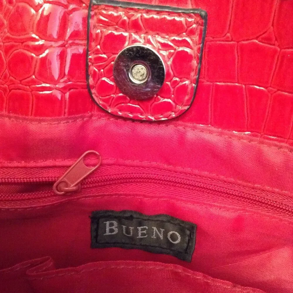 Bueno Tote Bucket Purse Large Red Glazed Bag Faux Croc Leather Travel Dbl Handle
